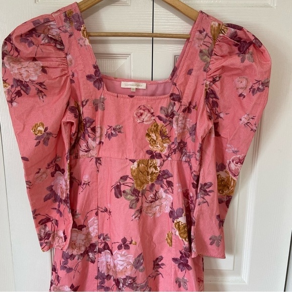 LoveShackFancy Ellington Midi Dress Pink Floral Corduroy Square Neck Puff Sleeve - Picture 6 of 14